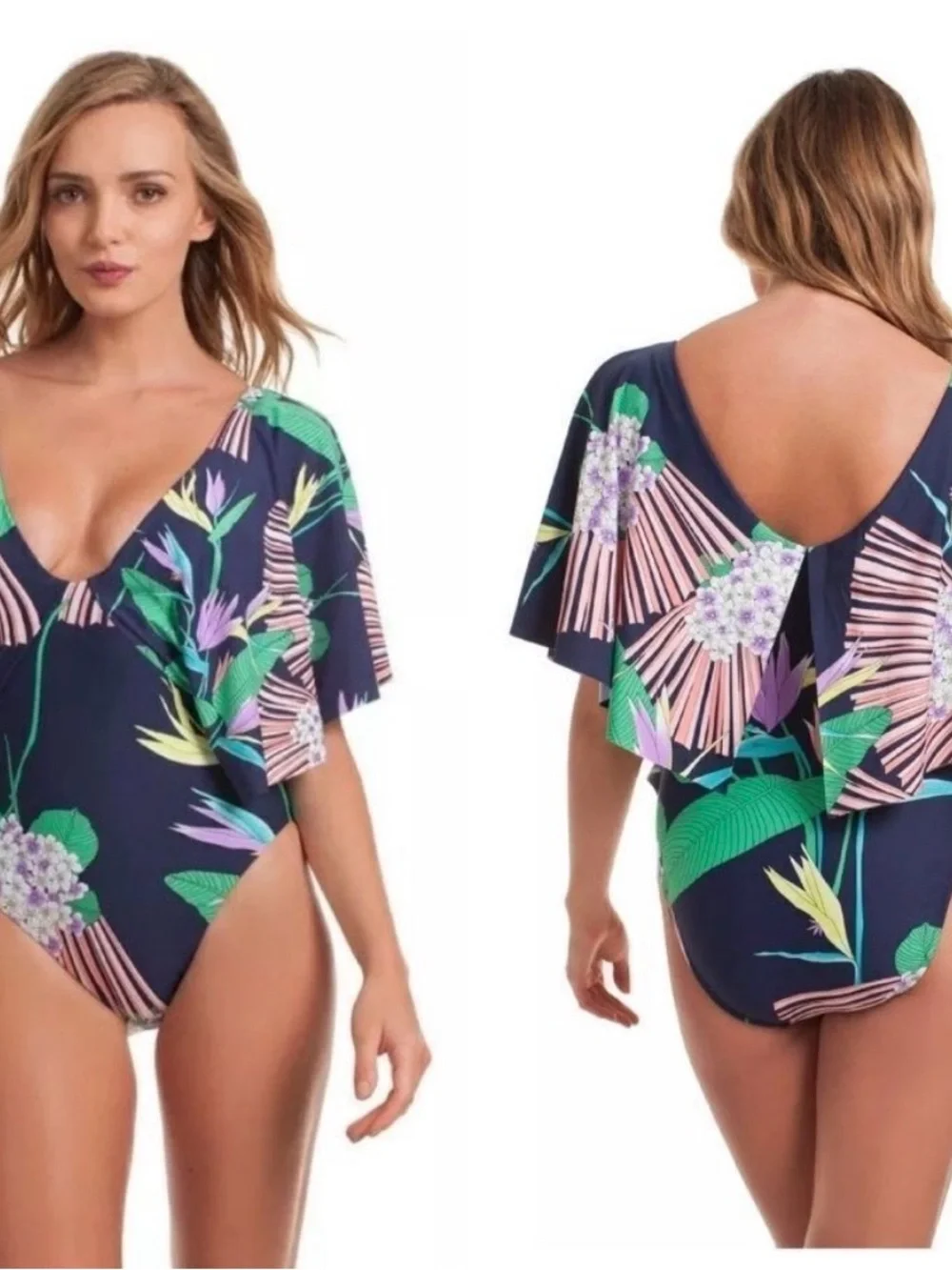 Trina Turk Midnight Paradise Flutter Sleeve One Piece Swimsuit Size 4